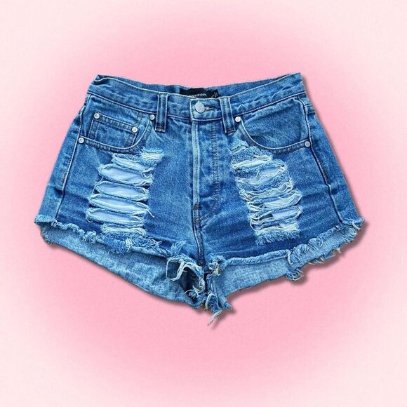 MINKPINK Denim Distressed High Waisted Shorts - Picture 1 of 7